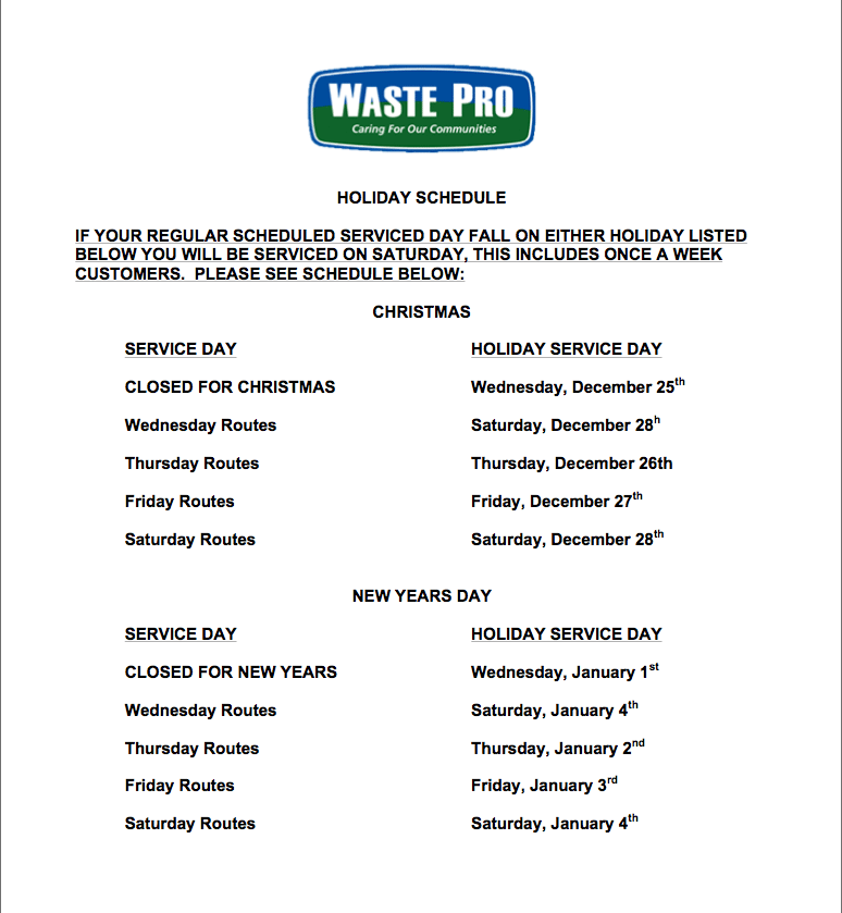 Holiday Schedule Waste Pro USA