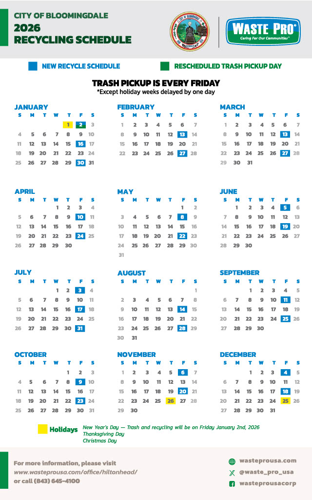 City Of Bloomingdale 1 Bloomingdale Recycle Full Calendar 2026 Digital
