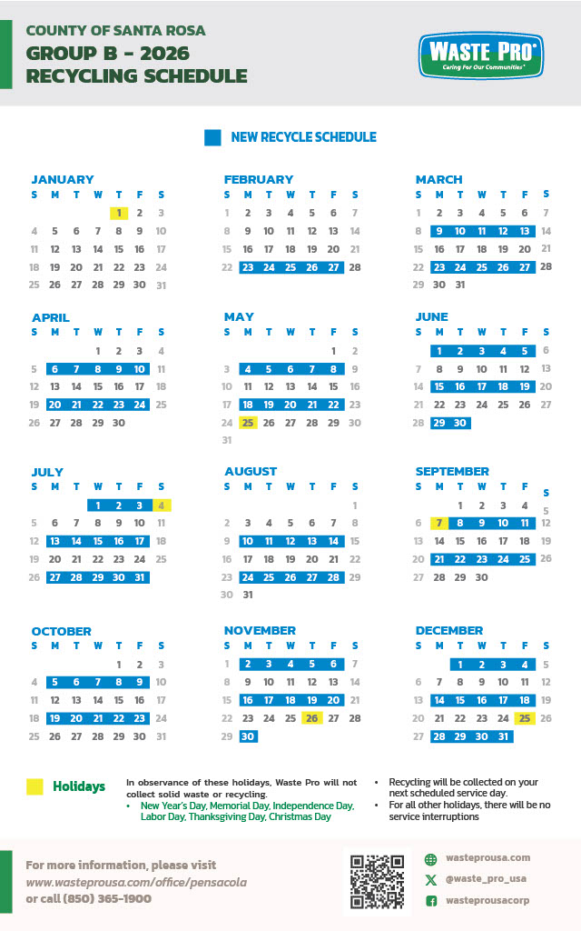 Santa Rosa County Group B 2026 Calendar